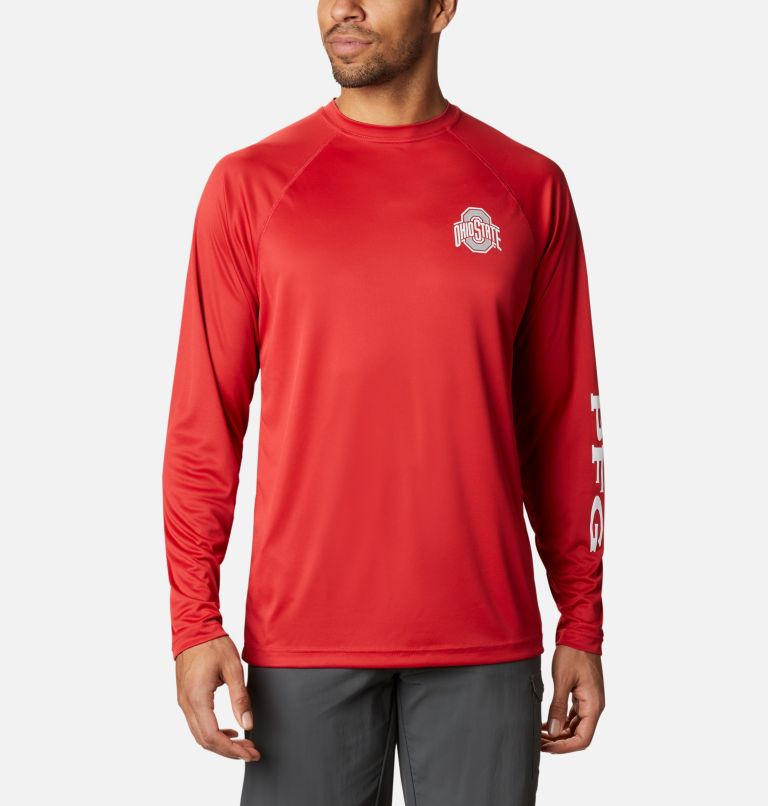 Thumbnail: Men's Collegiate PFG Terminal Tackle Long Sleeve Shirt - Ohio State, Color: OS - Intense Red, White, image 1