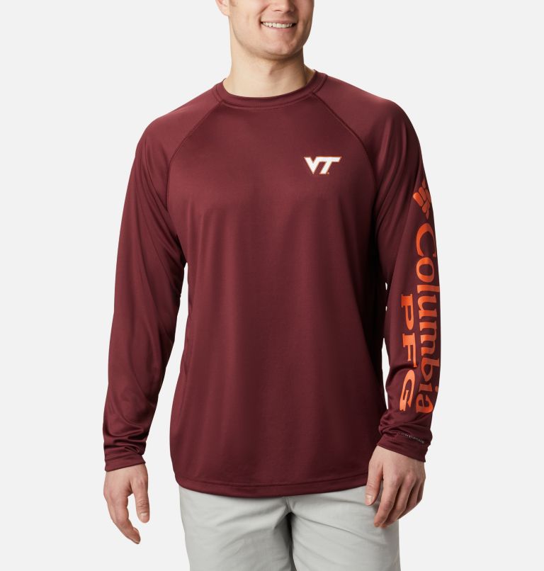 Thumbnail: Men's Collegiate PFG Terminal Tackle Long Sleeve Shirt - Virginia Tech, Color: VT - Deep Maroon, Tangy Orange, image 1