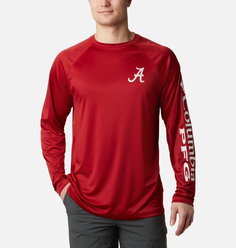 Thumbnail: Men's Collegiate PFG Terminal Tackle Long Sleeve Shirt - Alabama, Color: ALA - Red Velvet, White, image 1