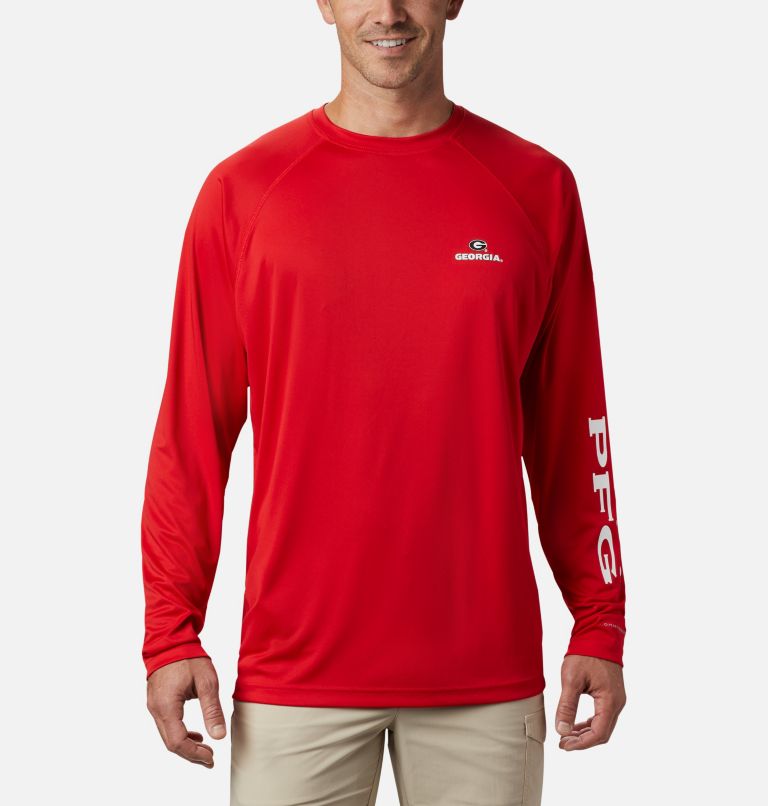 Men's Collegiate PFG Terminal Tackle Long Sleeve Shirt - Georgia, Color: UGA - Bright Red, White