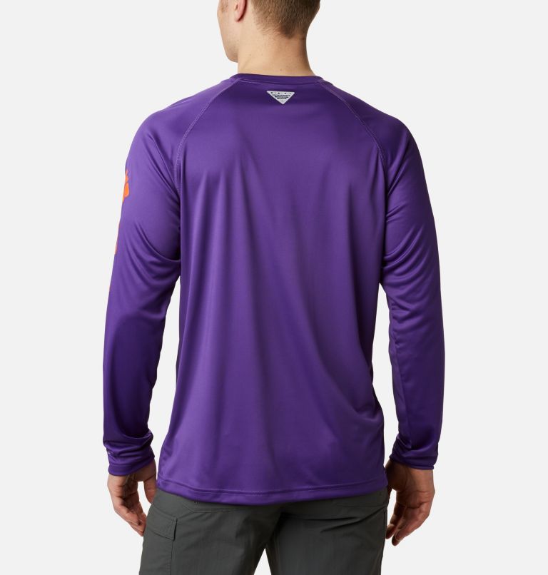 Men's Collegiate PFG Terminal Tackle Long Sleeve Shirt - Clemson, Color: CLE - Vivid Purple, Spark Orange