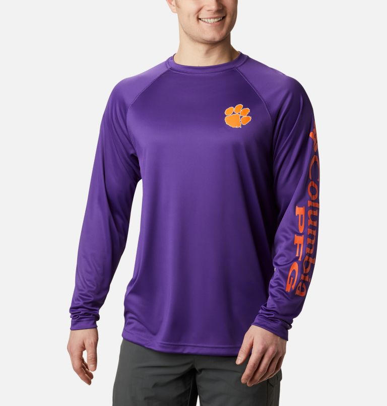 Thumbnail: Men's Collegiate PFG Terminal Tackle Long Sleeve Shirt - Clemson, Color: CLE - Vivid Purple, Spark Orange, image 1