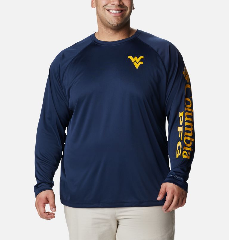 Men's Collegiate PFG Terminal Tackle Long Sleeve Shirt - Big - West Virginia, Color: WV - Collegiate Navy, MLB Gold