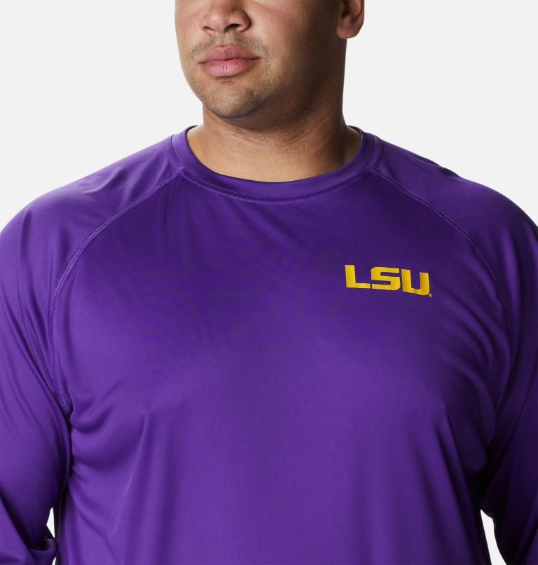 Men's Collegiate PFG Terminal Tackle Long Sleeve Shirt - Big - LSU, Color: LSU - Vivid Purple, Collegiate Yellow