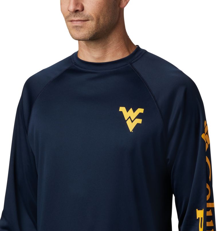 Men's Collegiate PFG Terminal Tackle Long Sleeve Shirt - Tall - West Virginia, Color: WV - Collegiate Navy, MLB Gold