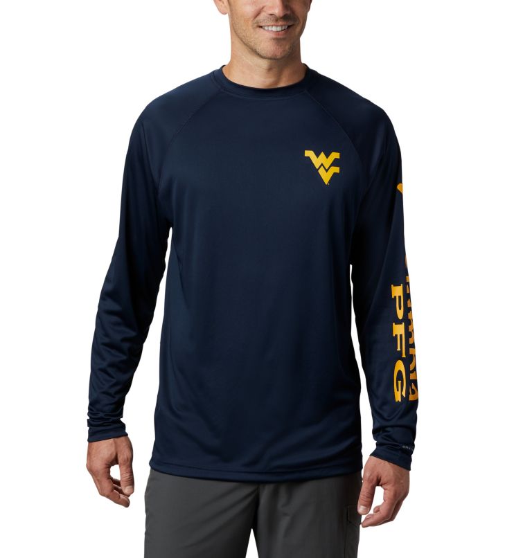 Men's Collegiate PFG Terminal Tackle Long Sleeve Shirt - Tall - West Virginia, Color: WV - Collegiate Navy, MLB Gold