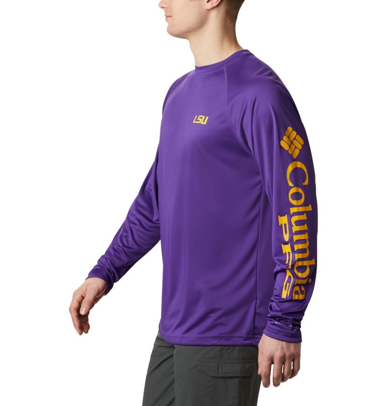 Men's Collegiate PFG Terminal Tackle Long Sleeve Shirt - Tall - LSU, Color: LSU - Vivid Purple, Collegiate Yellow