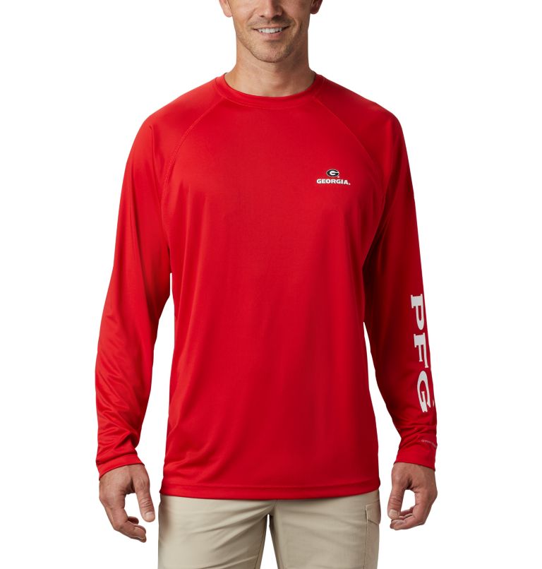 Thumbnail: Men's Collegiate PFG Terminal Tackle Long Sleeve Shirt - Tall - Georgia, Color: UGA - Bright Red, White, image 1