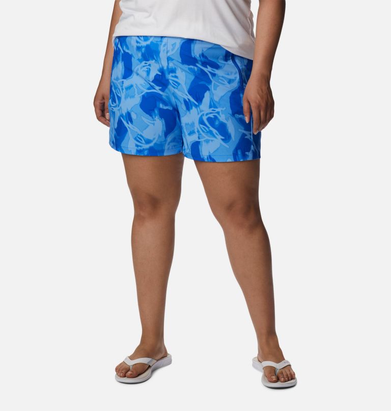Thumbnail: Women's PFG Tidal II Shorts - Plus Size, Color: Blue Macaw, Auroras Print, image 1