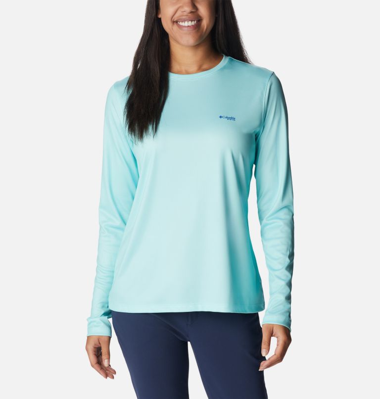 Thumbnail: Women's Tidal Tee PFG Fish Flag Long Sleeve Shirt, Color: Gulf Stream, Fish and Friends Flag Ombre, image 2
