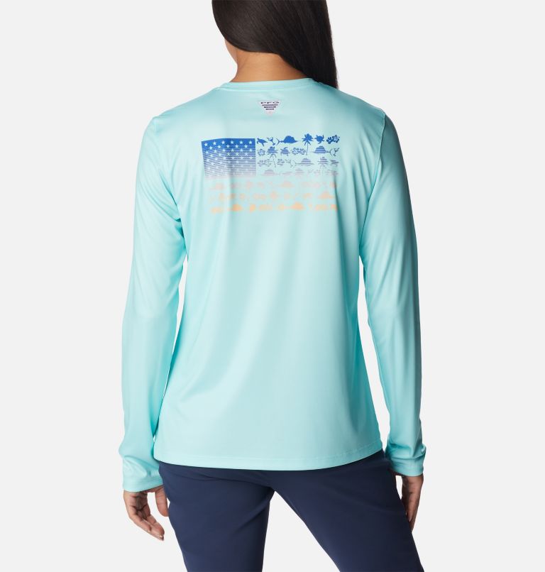 Women's Tidal Tee PFG Fish Flag Long Sleeve Shirt, Color: Gulf Stream, Fish and Friends Flag Ombre, image 1