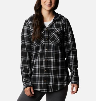 hooded button front check sweatshirt