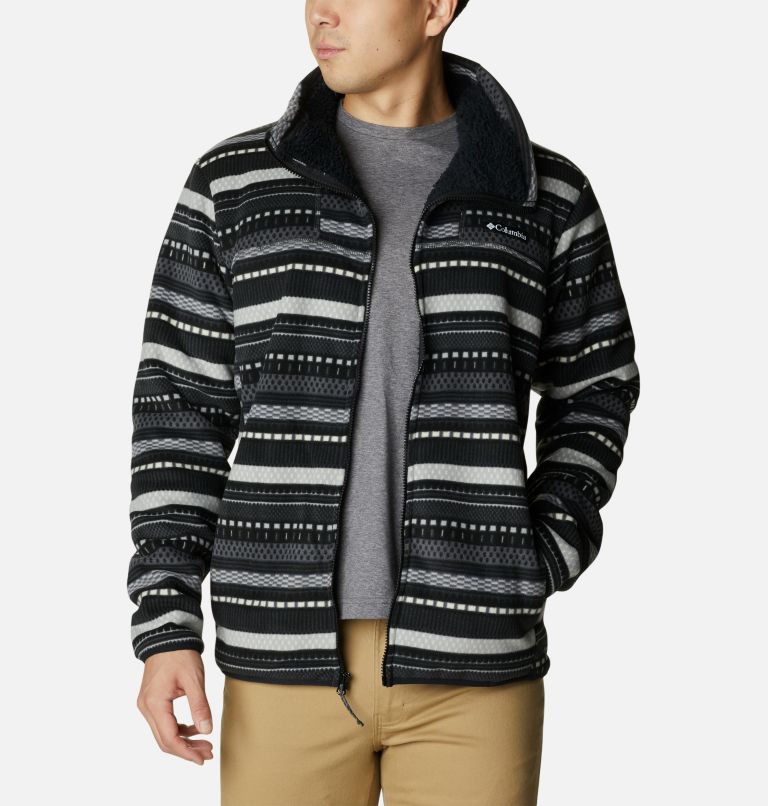 Men's Winter Pass Sherpa Fleece Jacket, Color: Shark Apres Stripe Print, image 6