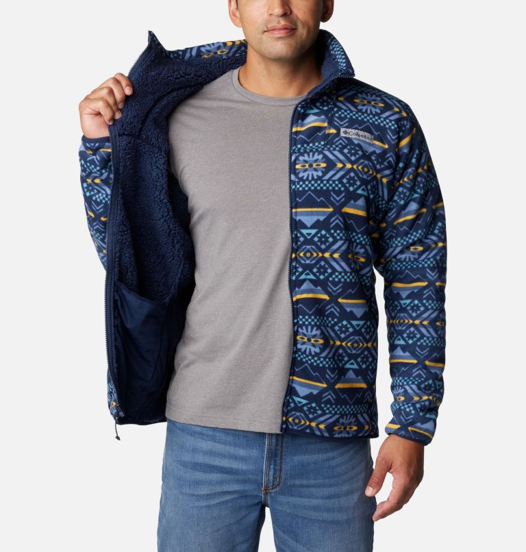 Men's Winter Pass Sherpa Fleece Jacket, Color: Collegiate Navy Checkered Peaks Print, image 5