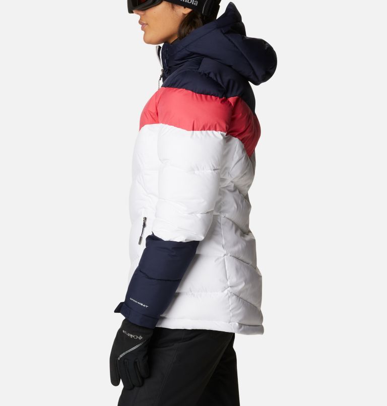 Thumbnail: Women's Abbott Peak Insulated Ski Jacket, Color: White, Dark Nocturnal, Bright Geranium, image 3