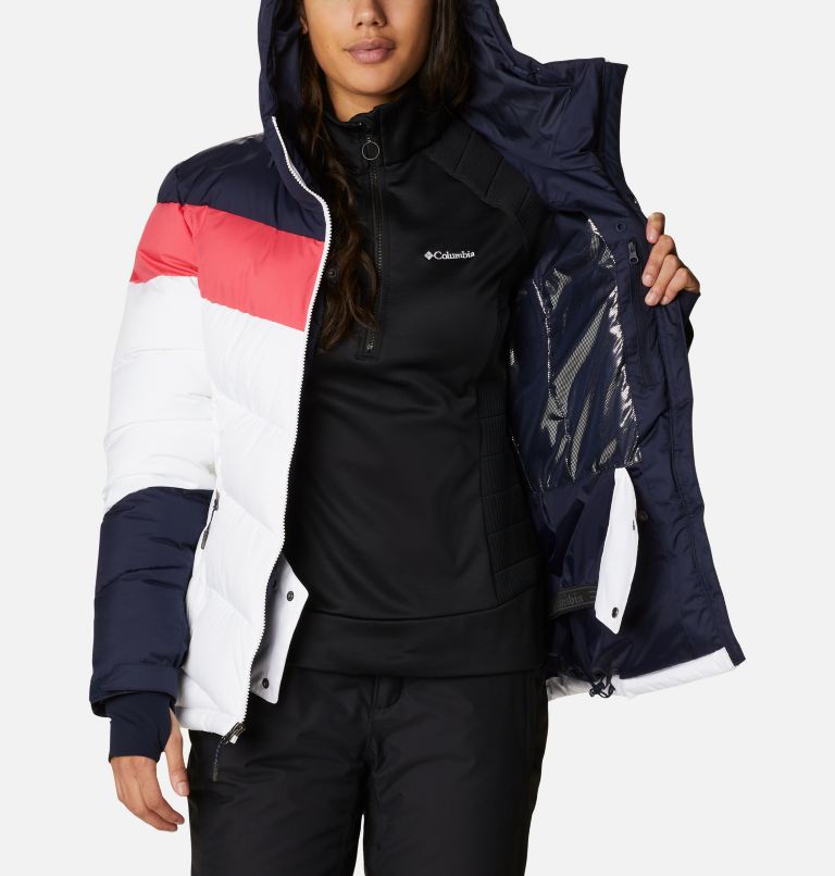Women's Abbott Peak Insulated Ski Jacket, Color: White, Dark Nocturnal, Bright Geranium, image 5