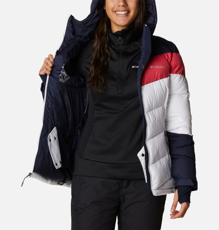 Thumbnail: Women's Abbott Peak Insulated Ski Jacket, Color: White, Dark Nocturnal, Bright Geranium, image 6
