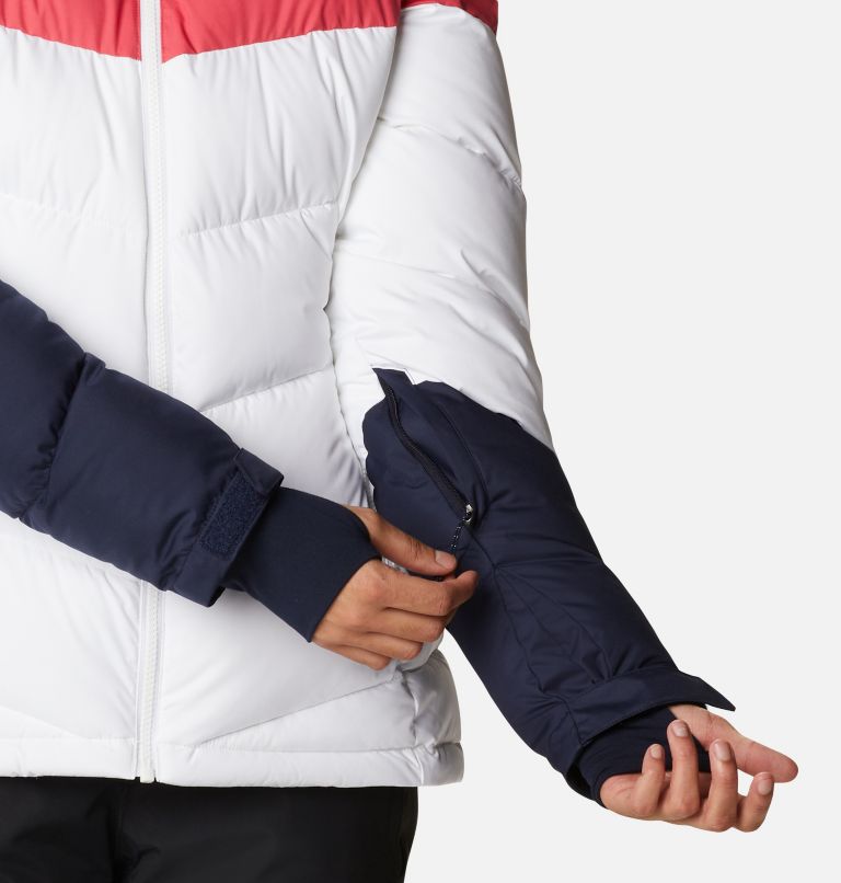 Women's Abbott Peak Insulated Ski Jacket, Color: White, Dark Nocturnal, Bright Geranium, image 7