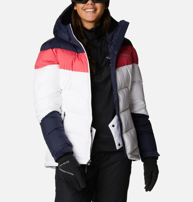 Women's Abbott Peak Insulated Ski Jacket, Color: White, Dark Nocturnal, Bright Geranium, image 10