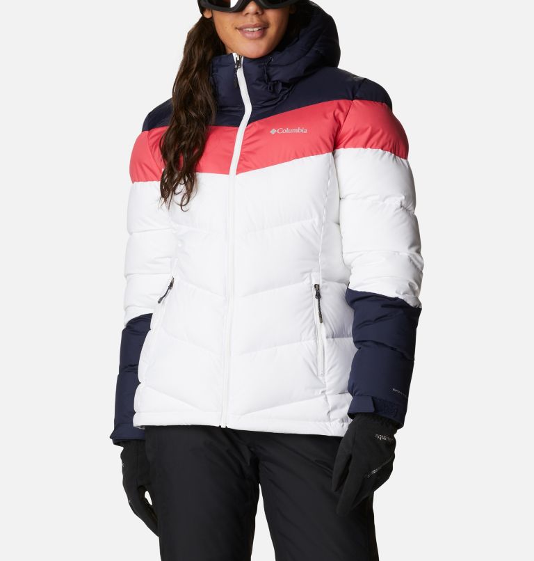 Women's Abbott Peak Insulated Ski Jacket, Color: White, Dark Nocturnal, Bright Geranium, image 1