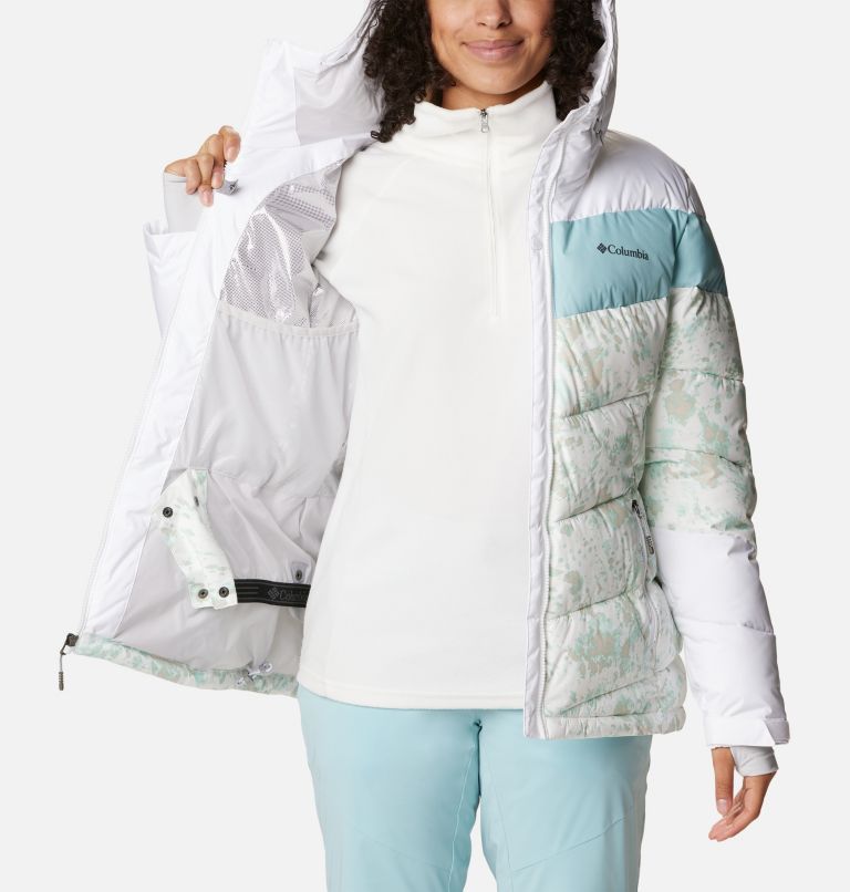 Thumbnail: Women's Abbott Peak Insulated Waterproof Ski Jacket, Color: White Flurries Print, White, Aqua Haze, image 5