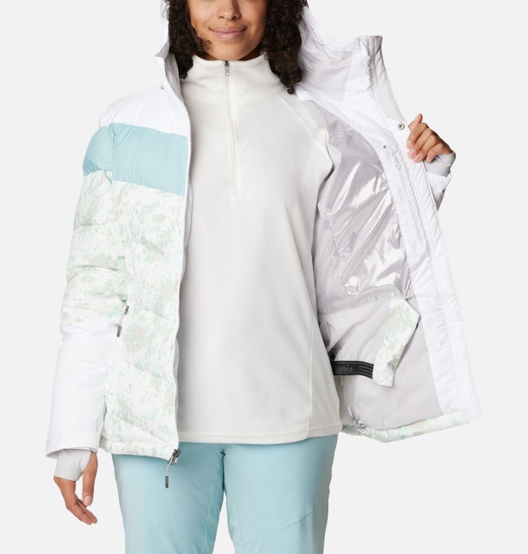 Thumbnail: Women's Abbott Peak Insulated Waterproof Ski Jacket, Color: White Flurries Print, White, Aqua Haze, image 6