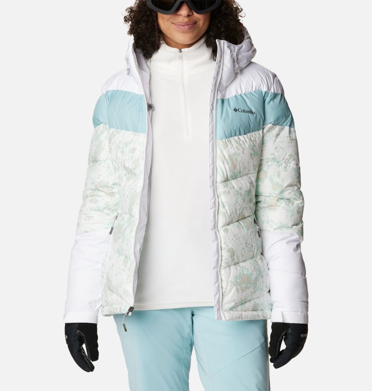 Women's Abbott Peak Insulated Waterproof Ski Jacket, Color: White Flurries Print, White, Aqua Haze, image 9