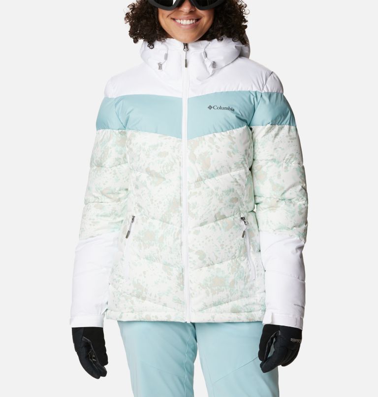 Thumbnail: Women's Abbott Peak Insulated Waterproof Ski Jacket, Color: White Flurries Print, White, Aqua Haze, image 1