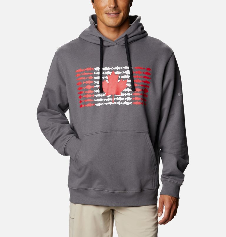 Men's PFG Fish Flag Hoodie, Color: City Grey, CAN Fish Flag, image 1
