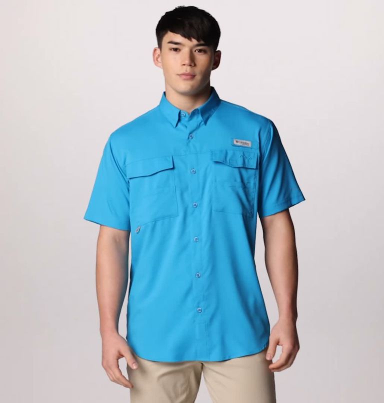 Men's PFG Blood and Guts IV Woven Short Sleeve Shirt, Color: Ocean Blue