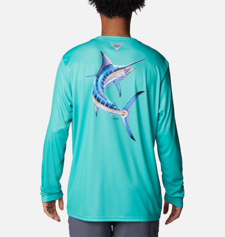 Men's PFG Terminal Tackle Carey Chen Long Sleeve Shirt, Color: Electric Turquoise, Marlin