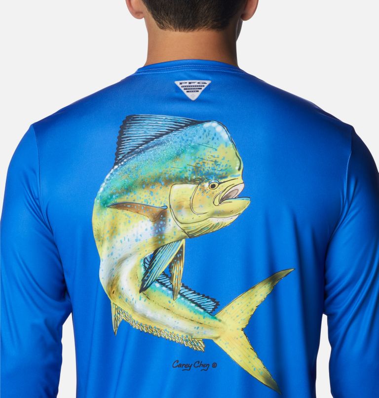 Thumbnail: Men's PFG Terminal Tackle Carey Chen Long Sleeve Shirt, Color: Blue Macaw, Dorado, image 5