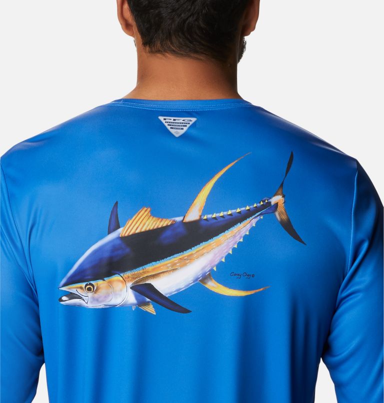 Men's PFG Terminal Tackle Carey Chen Long Sleeve Shirt, Color: Vivid Blue, Tuna