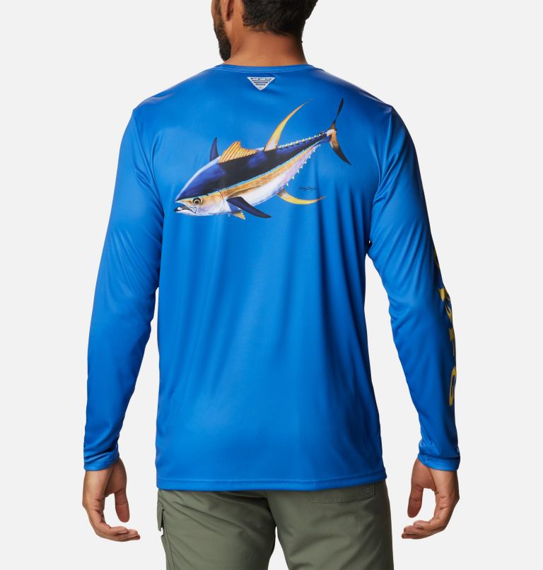 Men's PFG Terminal Tackle Carey Chen Long Sleeve Shirt, Color: Vivid Blue, Tuna
