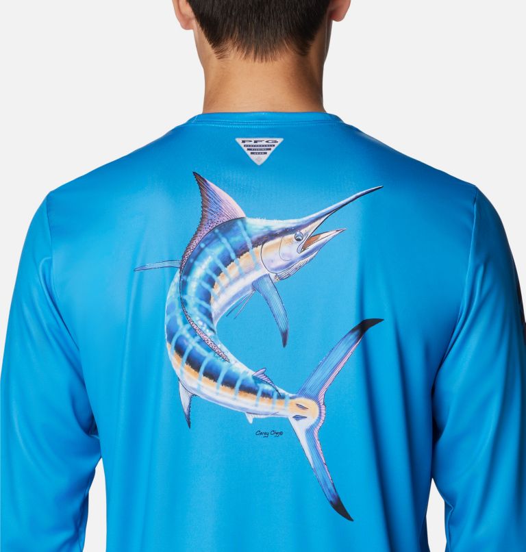 Thumbnail: Men's PFG Terminal Tackle Carey Chen Long Sleeve Shirt, Color: Compass Blue, Marlin, image 5