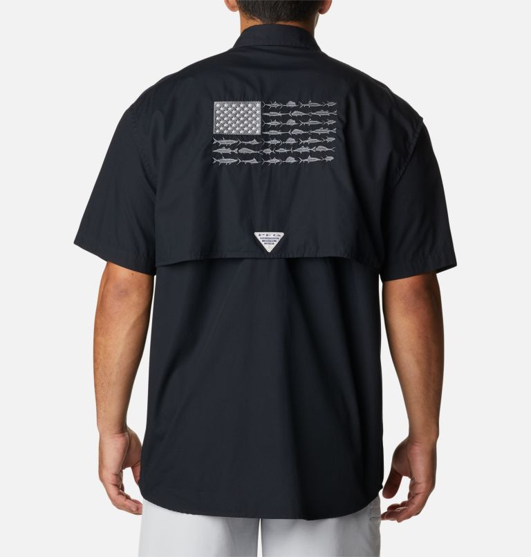 Men's Bonehead Icon Short Sleeve Shirt, Color: Black, USA Fish Flag Graphic, image 1