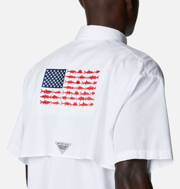 Men's Bonehead Icon Short Sleeve Shirt, Color: White, USA Fish Flag Graphic, image 5