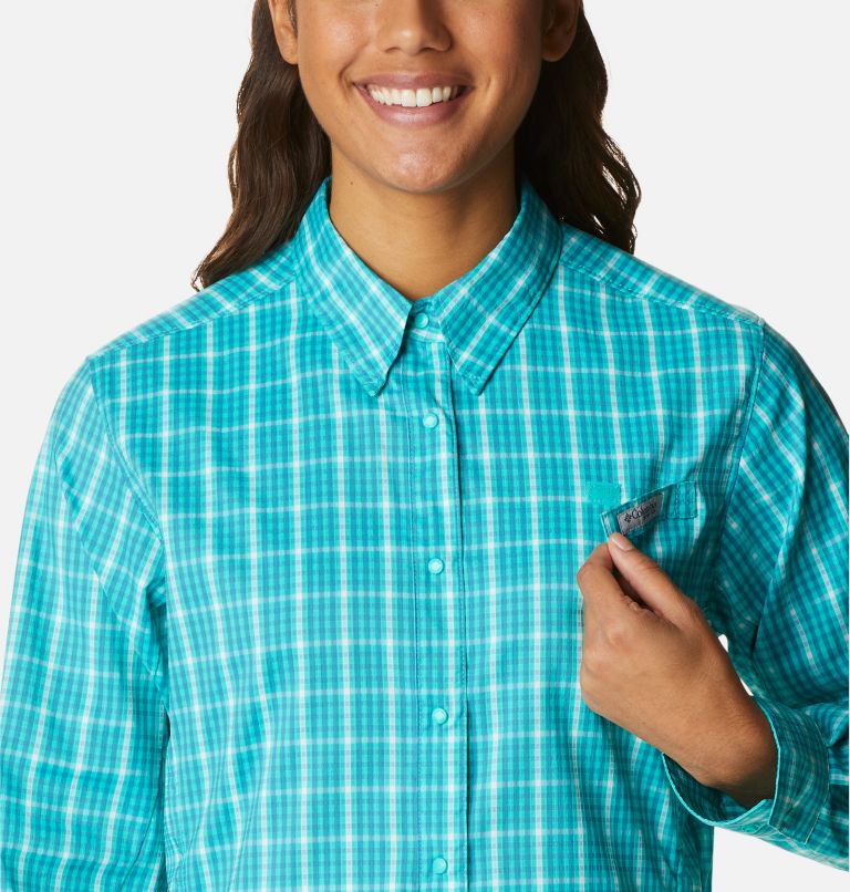 Women's PFG Super Tamiami Long Sleeve Shirt, Color: Deep Marine Gingham, image 4