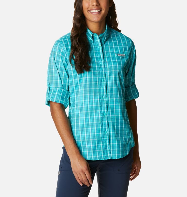 Thumbnail: Women's PFG Super Tamiami Long Sleeve Shirt, Color: Deep Marine Gingham, image 6