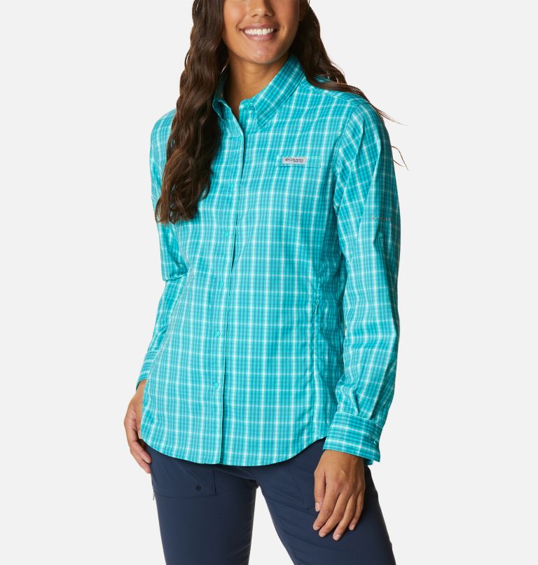 Thumbnail: Women's PFG Super Tamiami Long Sleeve Shirt, Color: Deep Marine Gingham, image 1