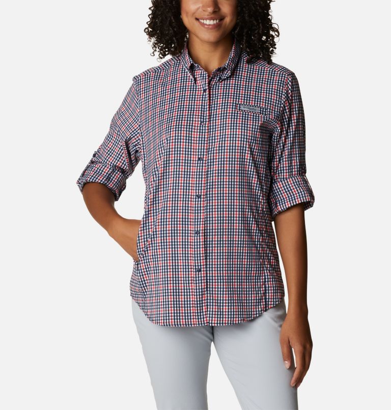 Women's PFG Super Tamiami Long Sleeve Shirt, Color: Collegiate Navy Gingham, image 6