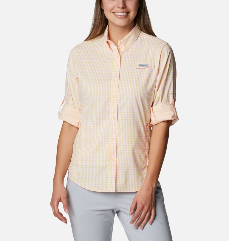 Women's PFG Super Tamiami Long Sleeve Shirt, Color: Sun Glow Gingham, image 6