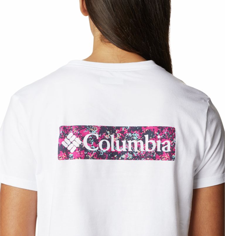 Thumbnail: Women’s North Cascades Graphic Cropped T-Shirt, Color: White, Wild Fuchsia Dotty Disguise, image 5