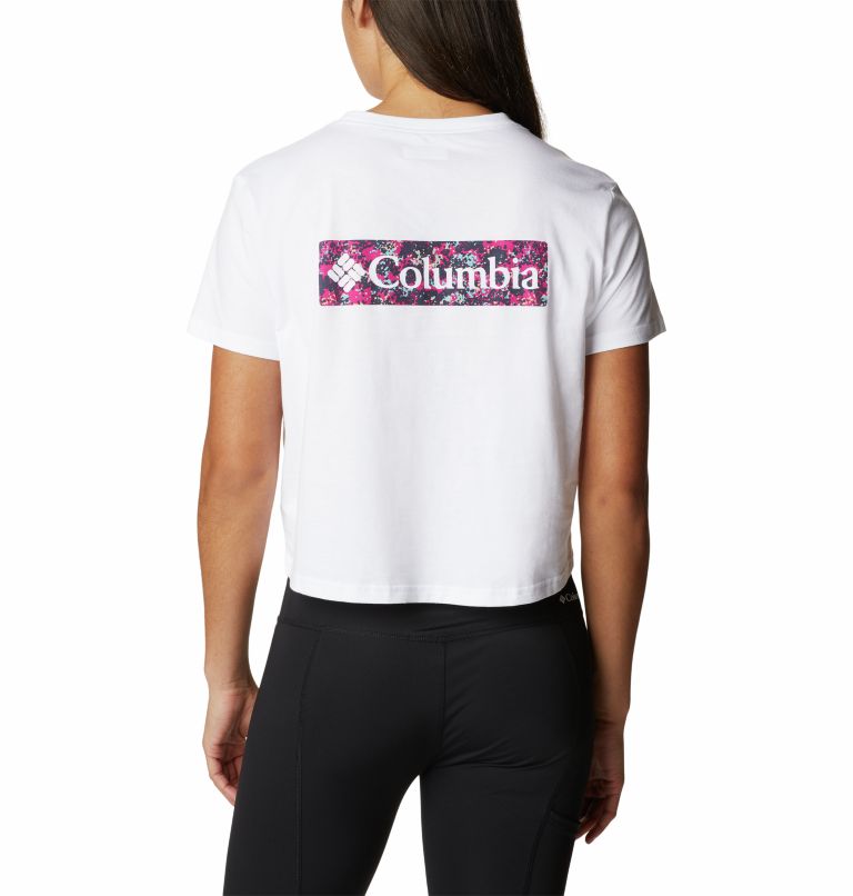 Thumbnail: Women’s North Cascades Graphic Cropped T-Shirt, Color: White, Wild Fuchsia Dotty Disguise, image 2