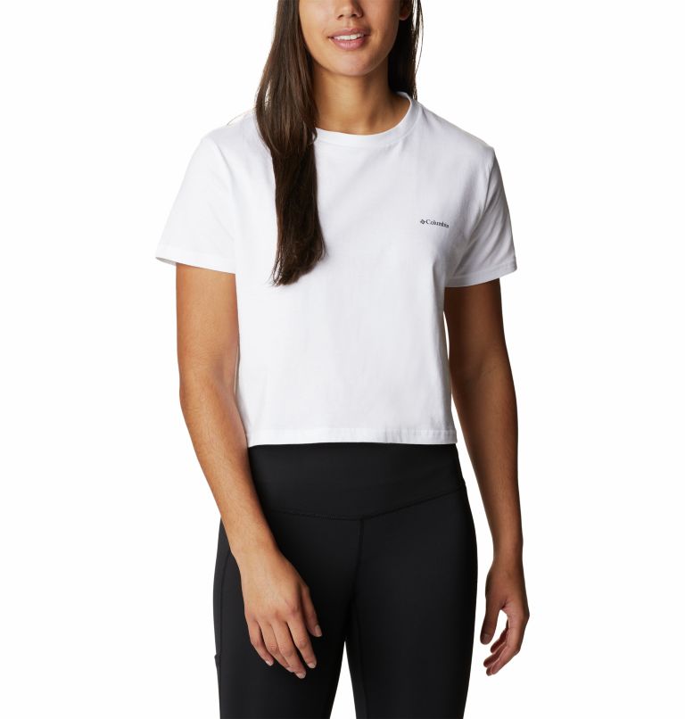 Women’s North Cascades Graphic Cropped T-Shirt, Color: White, Wild Fuchsia Dotty Disguise, image 1