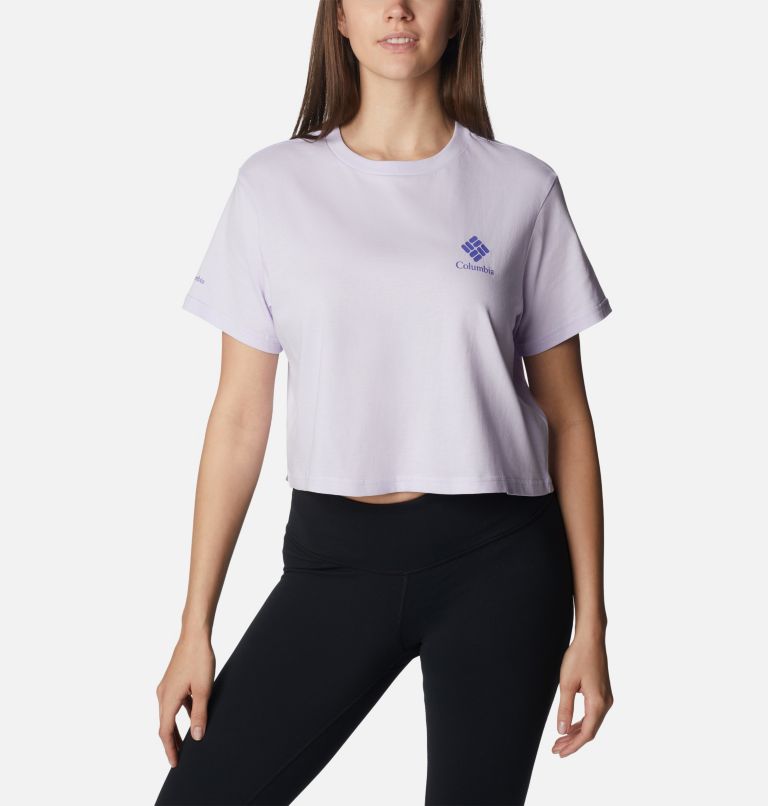 Thumbnail: North Cascades Graphic Cropped T-Shirt für Frauen, Color: Purple Tint, Framed Halftone Logo Grx, image 1