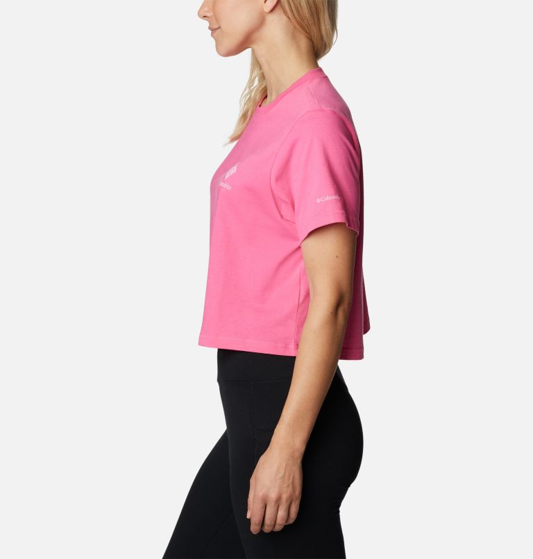 Women’s North Cascades Graphic Cropped T-Shirt, Color: Wild Geranium, Framed Halftone Logo Grx, image 3