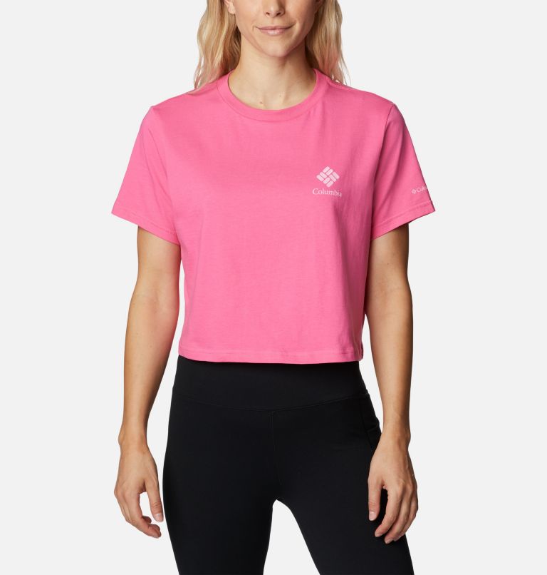 Thumbnail: Women’s North Cascades Graphic Cropped T-Shirt, Color: Wild Geranium, Framed Halftone Logo Grx, image 1