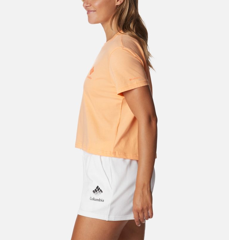 Women’s North Cascades Graphic Cropped T-Shirt, Color: Peach, Framed Halftone Logo Graphic, image 3