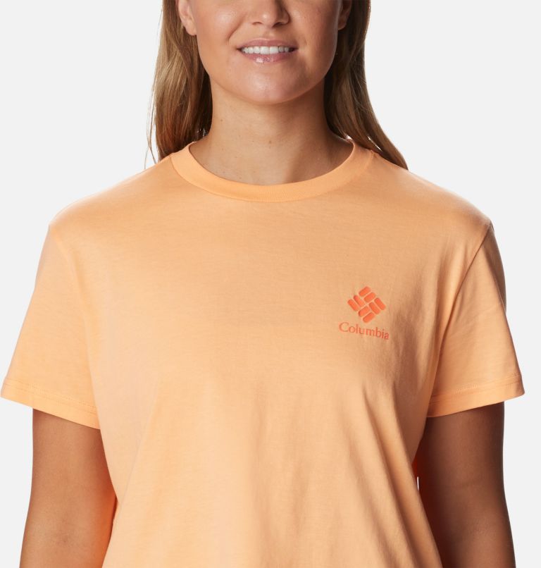 Thumbnail: Camiseta corta estampada North Cascades para mujer, Color: Peach, Framed Halftone Logo Graphic, image 4